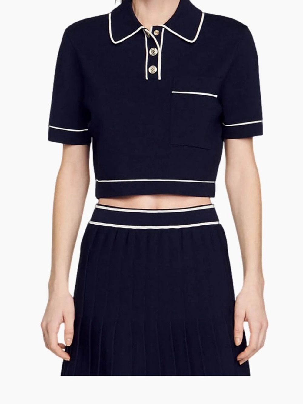 Sandro Navy Cropped Polo Top with White Piping - Picture 3 of 7